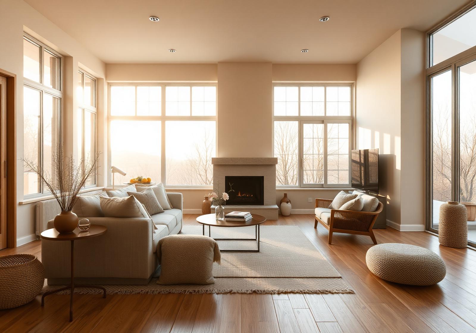 Sunlit modern living room with warm sand tones